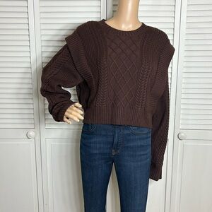 Babaton Dark Brown Cable-Knit Crewneck Sweater